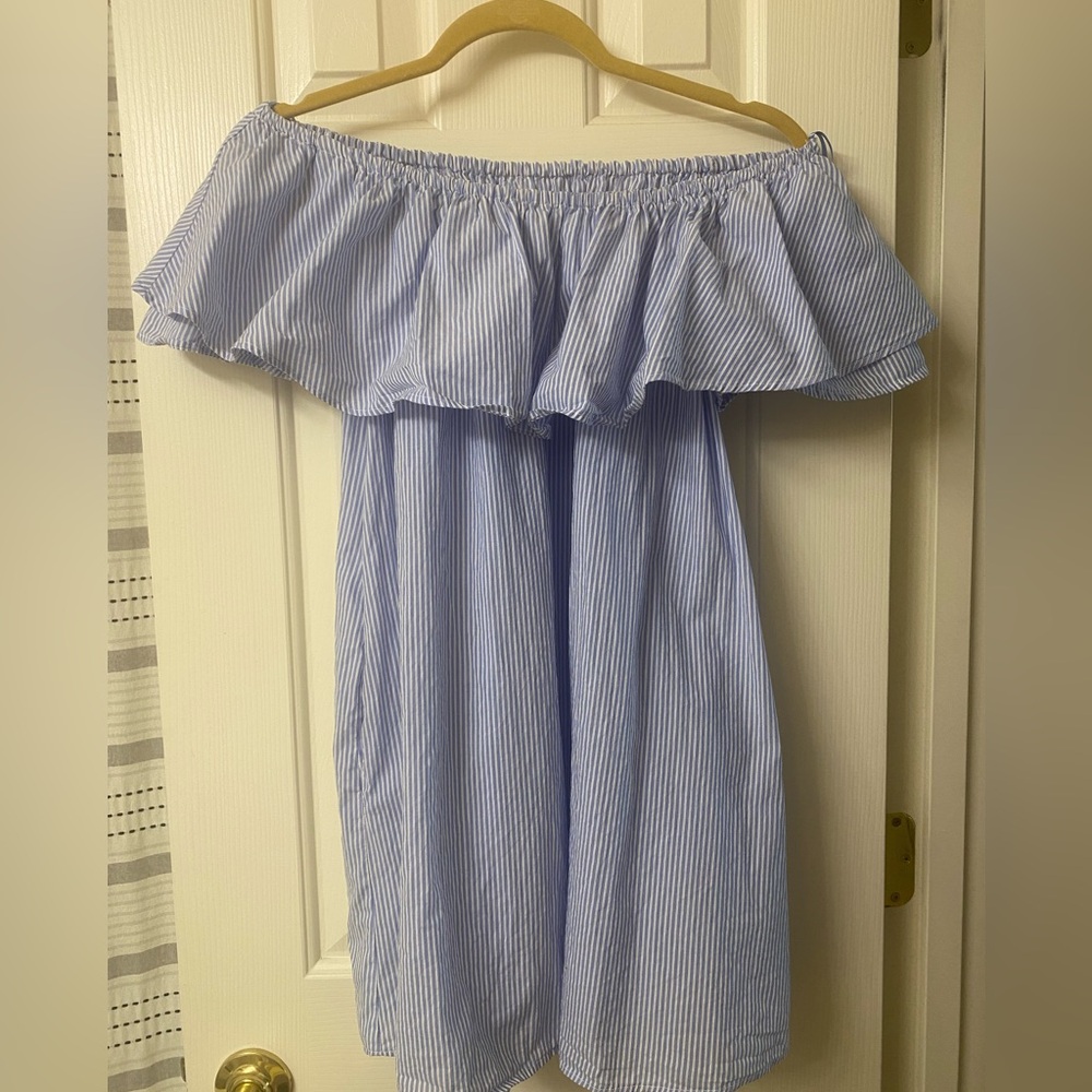 Zara Woman Premium Denim Off-the-Shoulder Blue and White Striped Dress Size S